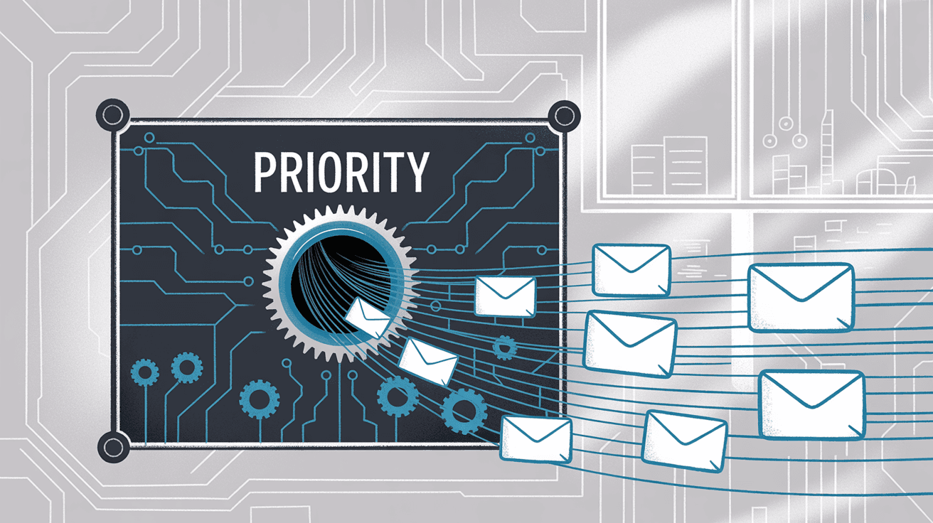 Email filtering automation system showing emails being processed through priority filters and organized into sorted stacks